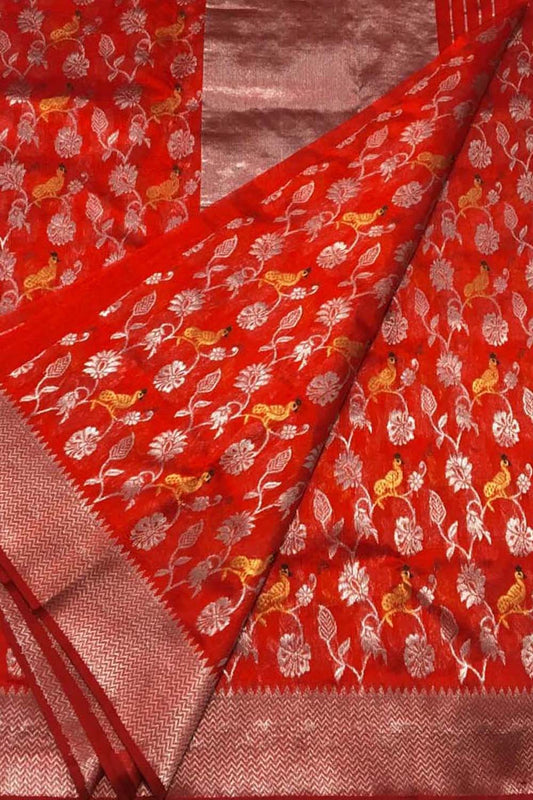 Red Chanderi Handloom Pure Silk Saree - Luxurion World