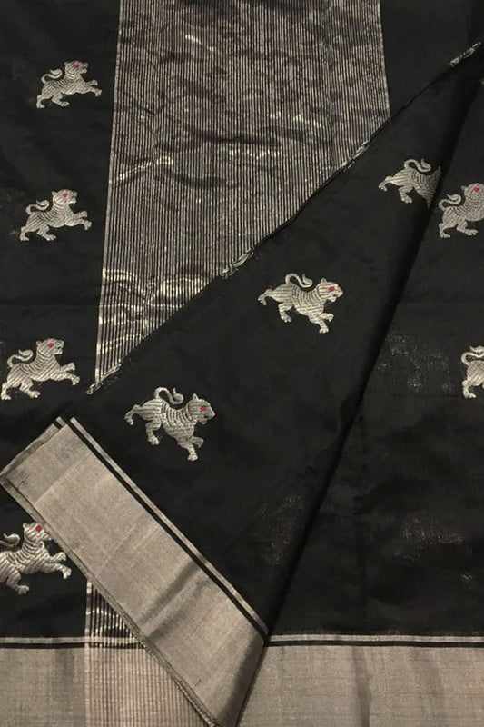Black Chanderi Handloom Pure Silk Saree - Luxurion World
