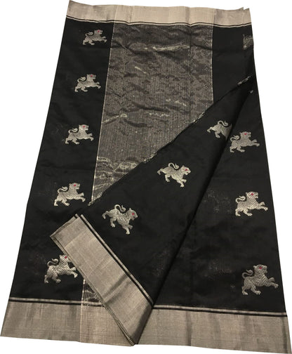 Black Chanderi Handloom Pure Silk Saree - Luxurion World