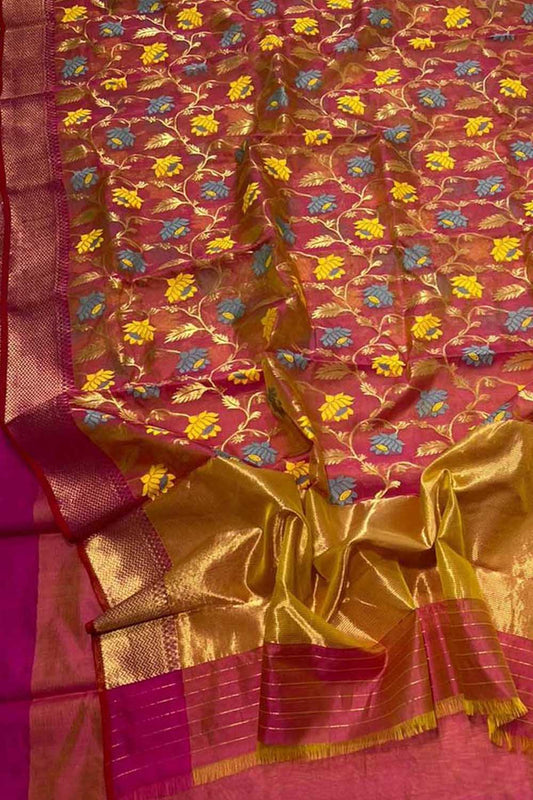 Pink And Orange Shot Chanderi Handloom Pure Silk Saree - Luxurion World