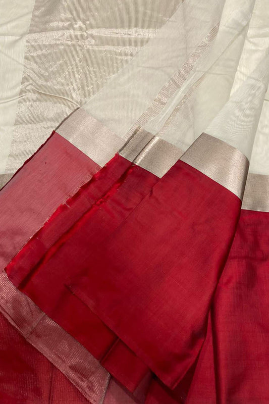 Off White And Red Chanderi Handloom Pure Silk Saree - Luxurion World