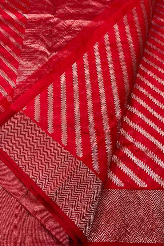 Red Chanderi Handloom Pure Silk Stripe Design Saree - Luxurion World