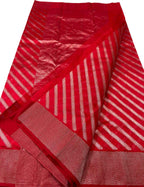 Red Chanderi Handloom Pure Silk Stripe Design Saree - Luxurion World