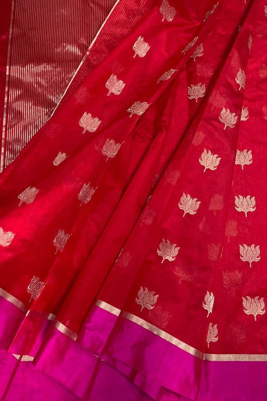 Red Chanderi Handloom Pure Silk Saree - Luxurion World