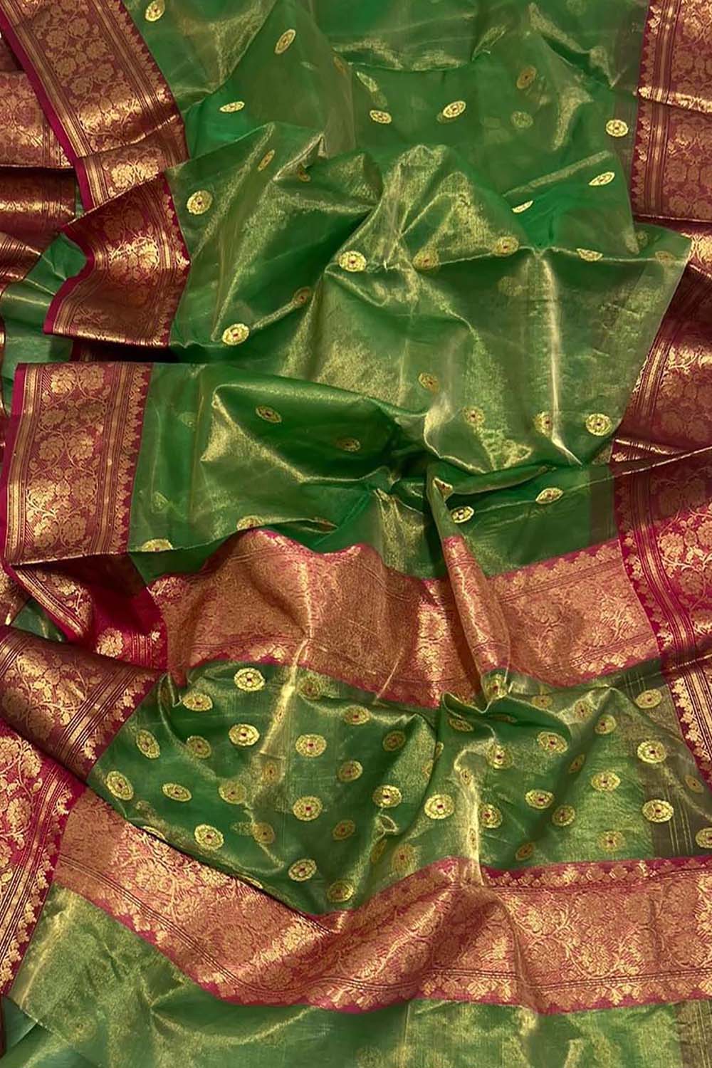 Green Chanderi Handloom Pure Tissue Katan Silk Saree - Luxurion World