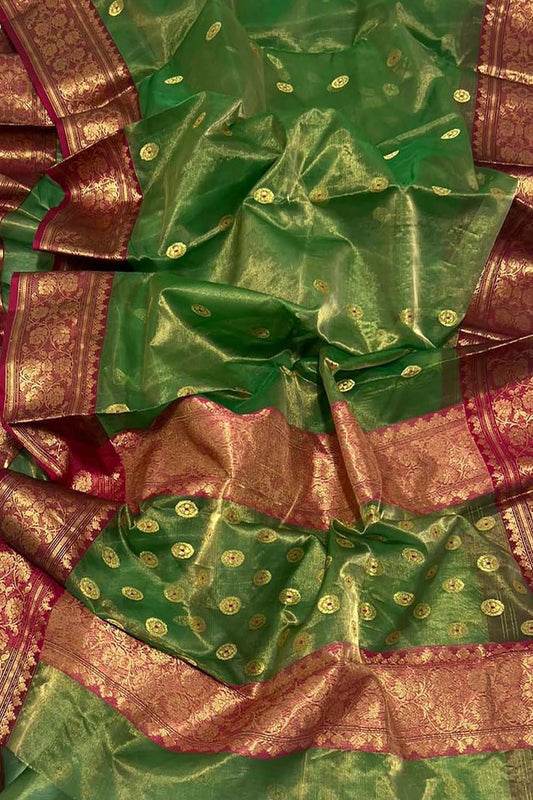 Green Chanderi Handloom Pure Tissue Katan Silk Saree - Luxurion World