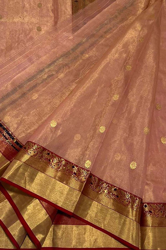 Pink Chanderi Handloom Pure Tissue Katan Silk Saree - Luxurion World