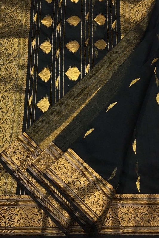 Black Chanderi Handloom Pure Katan Silk Saree - Luxurion World