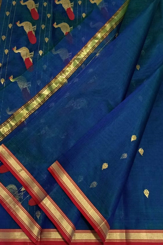 Blue And Green Chanderi Handloom Pure Katan Silk Saree - Luxurion World