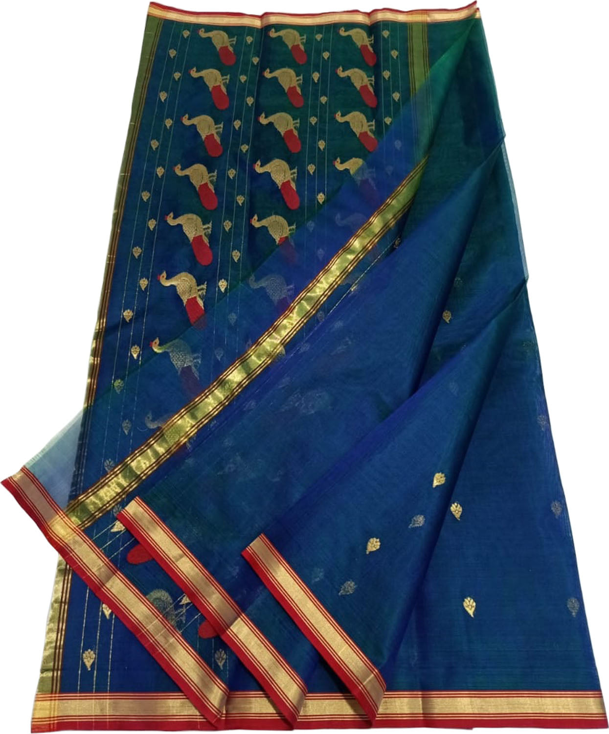 Blue And Green Chanderi Handloom Pure Katan Silk Saree - Luxurion World