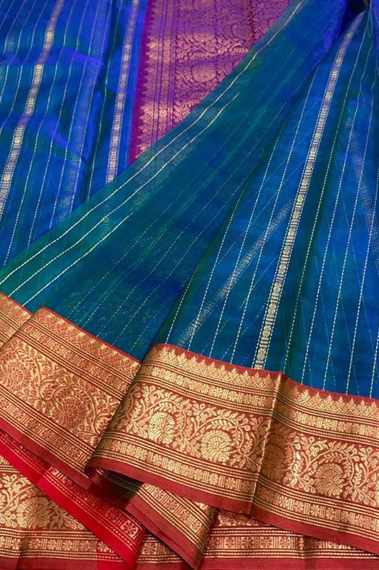 Blue Chanderi Handloom Pure Katan Silk Saree - Luxurion World