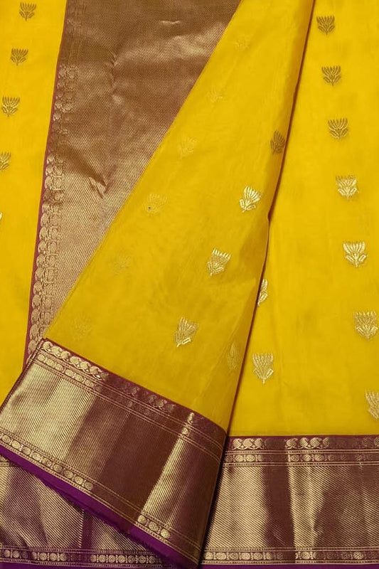 Yellow Chanderi Handloom Pure Katan Silk Saree - Luxurion World
