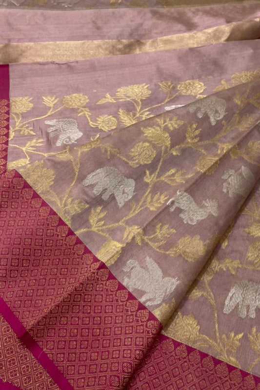 Pastel Chanderi Handloom Pure Silk Sona Roopa Flower And Animal Design Saree - Luxurion World