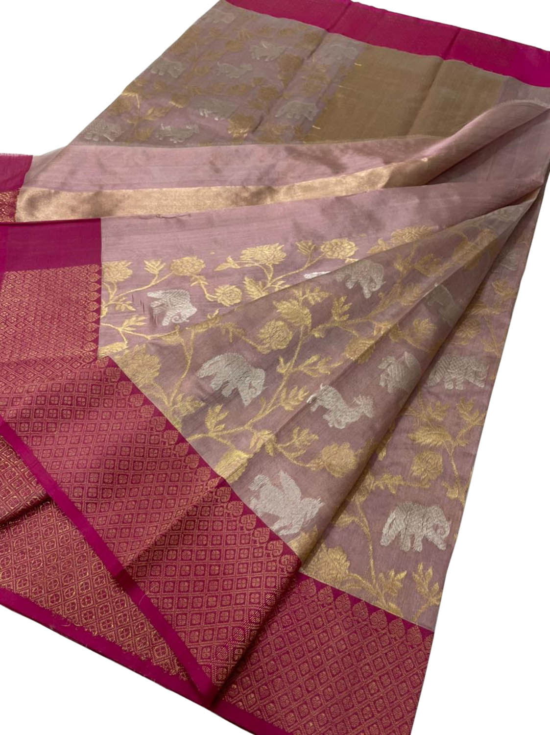 Pastel Chanderi Handloom Pure Silk Sona Roopa Flower And Animal Design Saree - Luxurion World