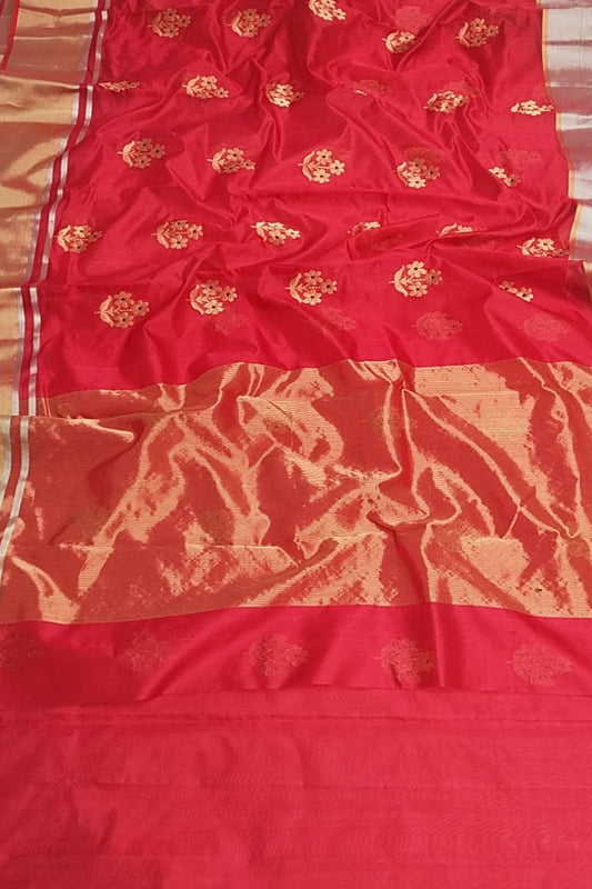 Red Chanderi Handloom Pure Silk Flower Design Saree