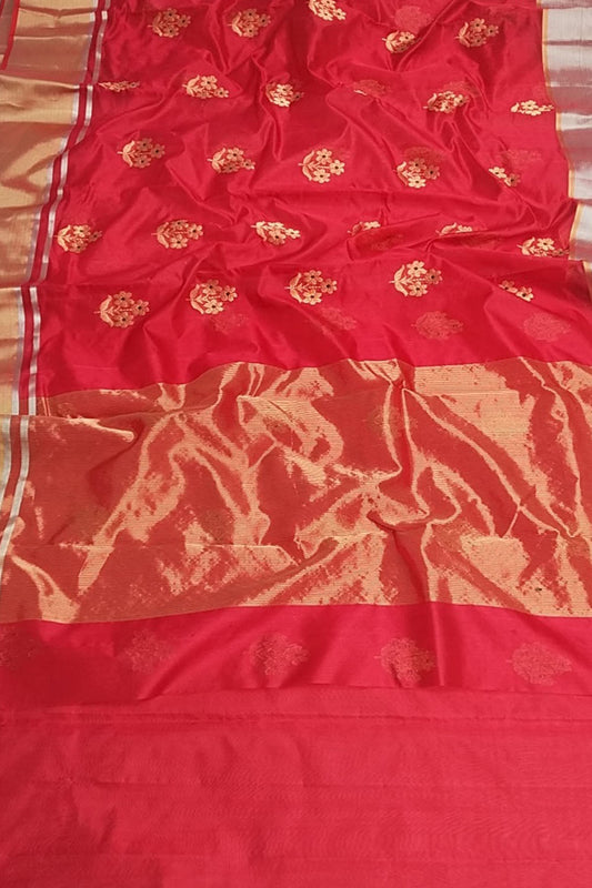Red Chanderi Handloom Pure Silk Flower Design Saree - Luxurion World