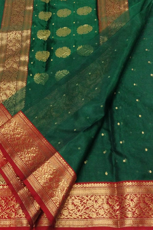 Green Chanderi Handloom Pure Katan Silk Saree - Luxurion World
