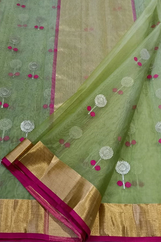 Green Shot Chanderi Handloom Pure Katan Silk Saree - Luxurion World