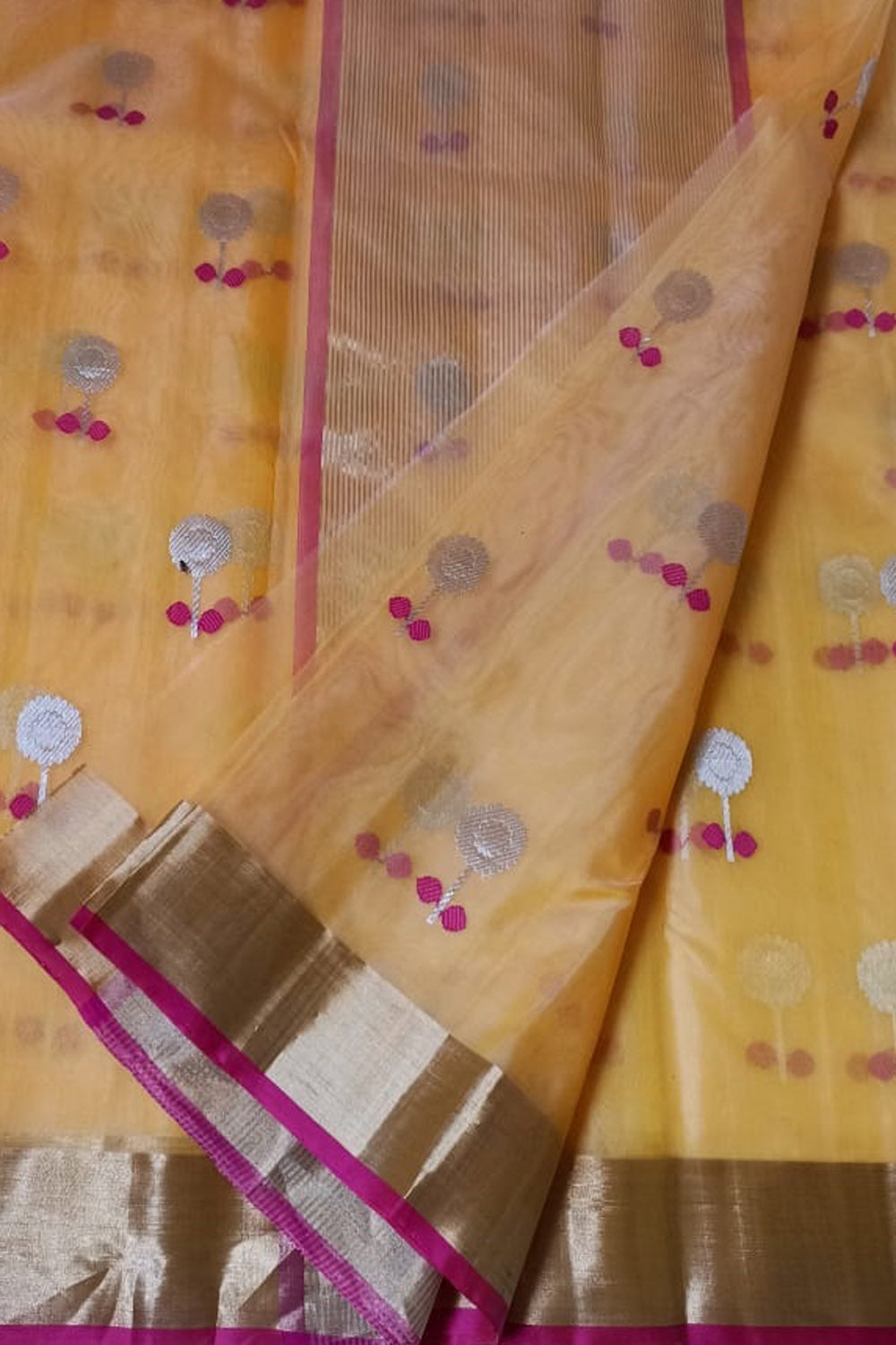 Yellow Shot Chanderi Handloom Pure Katan Silk Saree