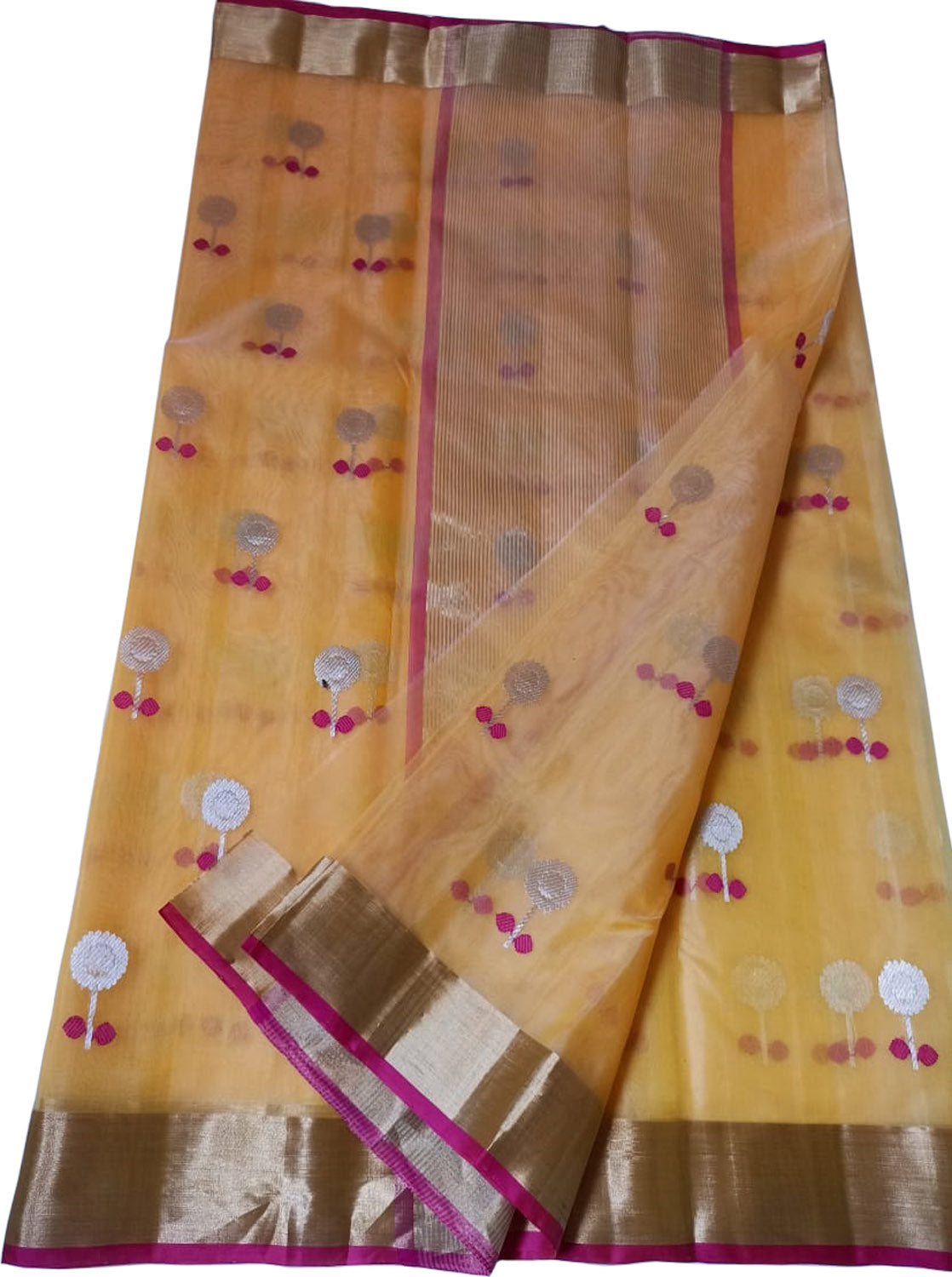 Yellow Shot Chanderi Handloom Pure Katan Silk Saree - Luxurion World