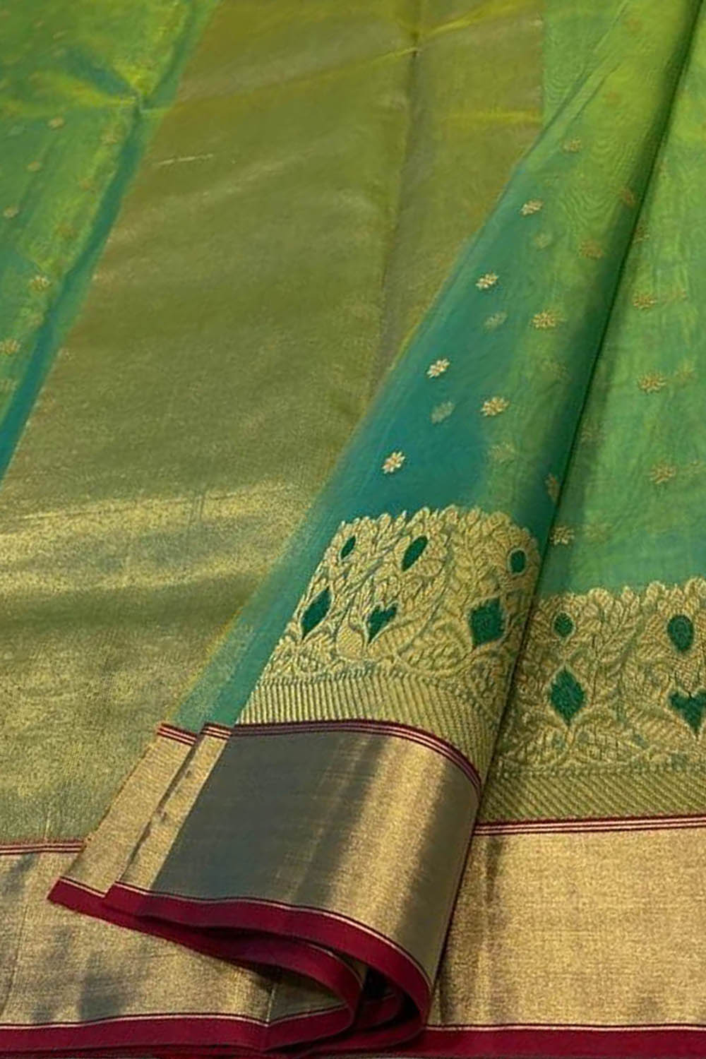 Green Shot Chanderi Handloom Pure Katan Silk Saree - Luxurion World