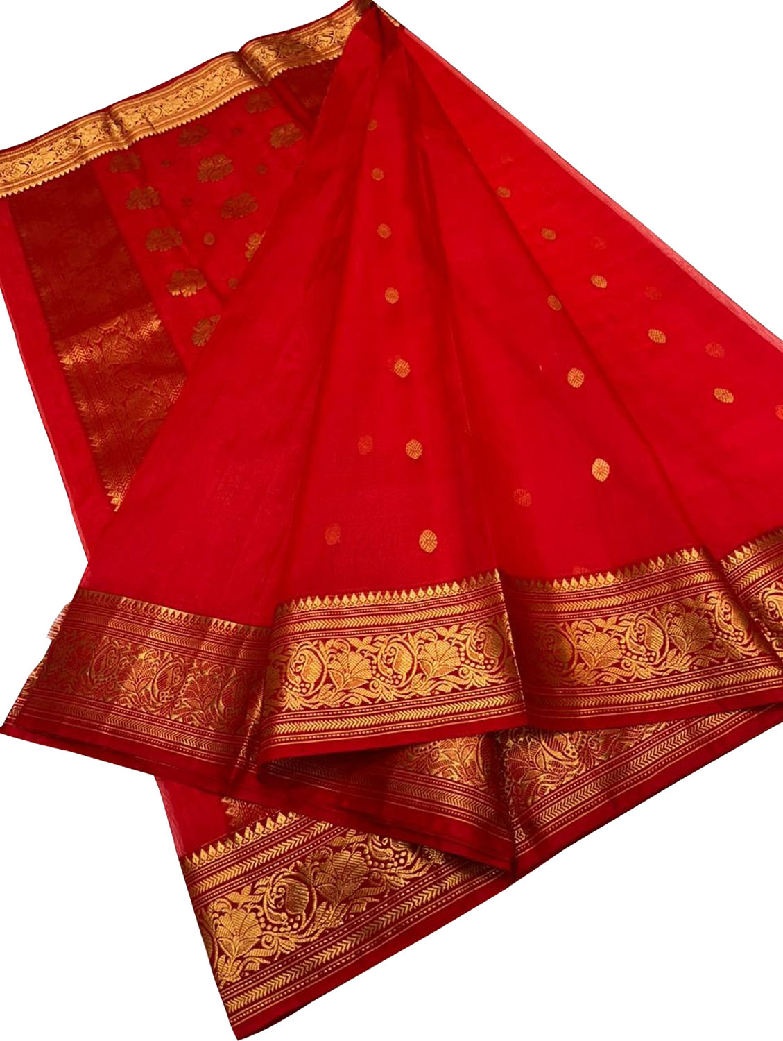 Red Chanderi Handloom Pure Katan Silk Saree - Luxurion World