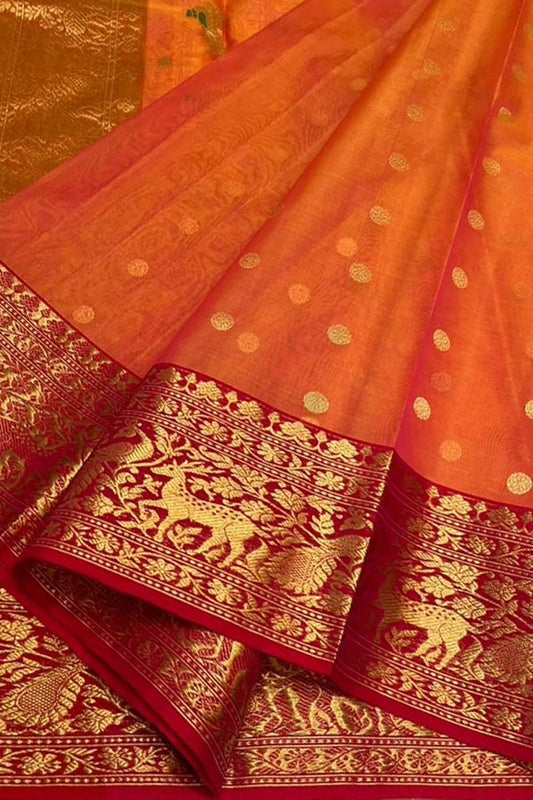 Orange Chanderi Handloom Pure Katan Silk Saree
