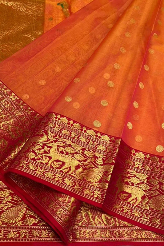 Orange Chanderi Handloom Pure Katan Silk Saree - Luxurion World