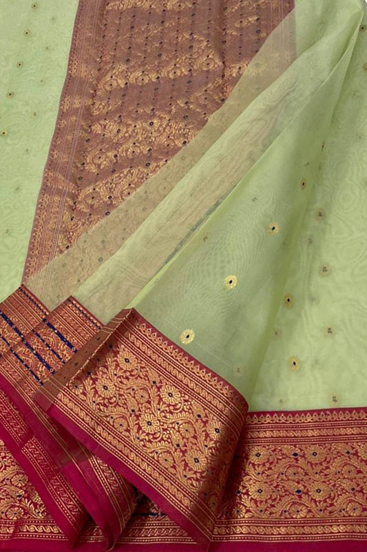 Green Chanderi Handloom Pure Katan Silk Saree - Luxurion World