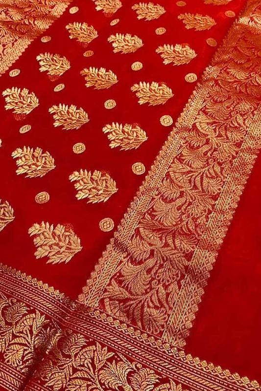 Red Chanderi Handloom Pure Katan Silk Saree - Luxurion World