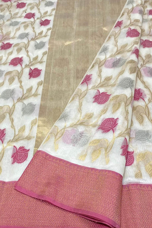 Off White Chanderi Handloom Pure Silk Flower Design Saree - Luxurion World