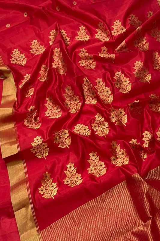 Red Chanderi Handloom Pure Silk Saree - Luxurion World