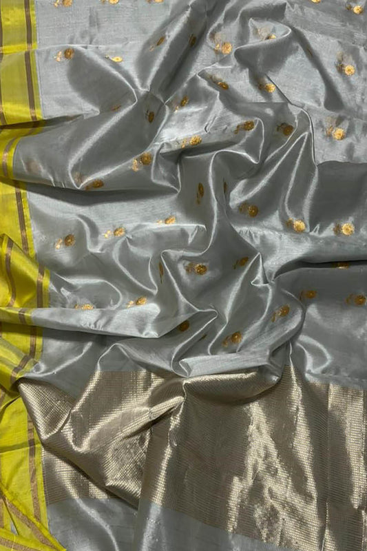 Silver Chanderi Handloom Pure Silk Saree - Luxurion World