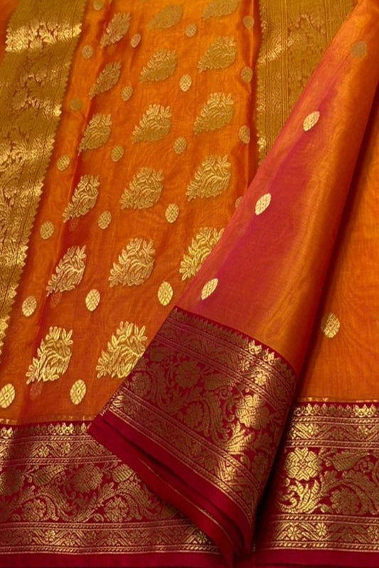Elegant Orange Chanderi Handloom Pure Katan Silk Saree - Luxurion World