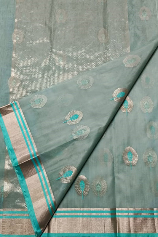 Elegant Grey Chanderi Handloom Pure Katan Silk Saree - Luxurion World