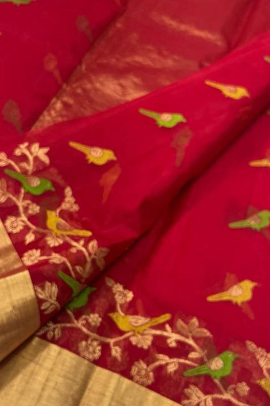 Elegant Red Chanderi Handloom Pure Katan Silk Saree - Luxurion World