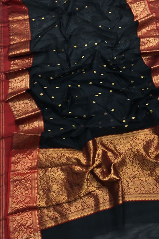 Elegant Black Chanderi Handloom Pure Katan Silk Saree