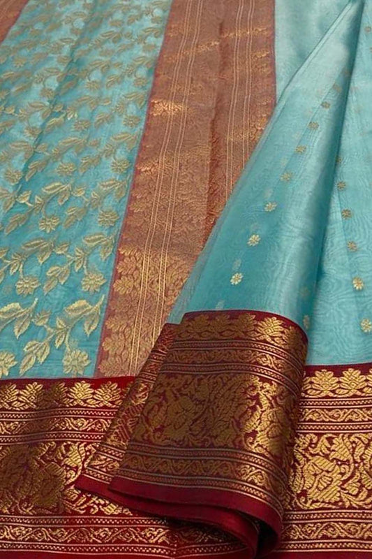 Elegant Blue Chanderi Handloom Pure Katan Silk Saree - Luxurion World