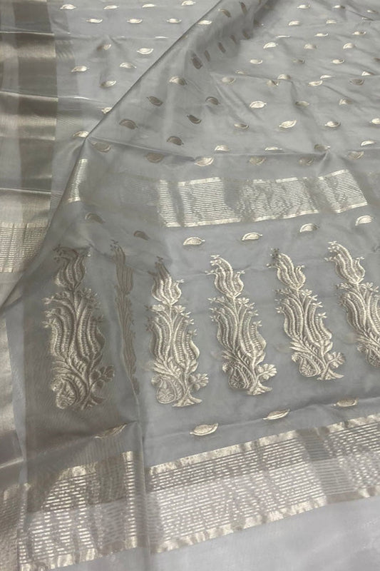 Elegant Off White Chanderi Handloom Pure Katan Silk Saree - Luxurion World