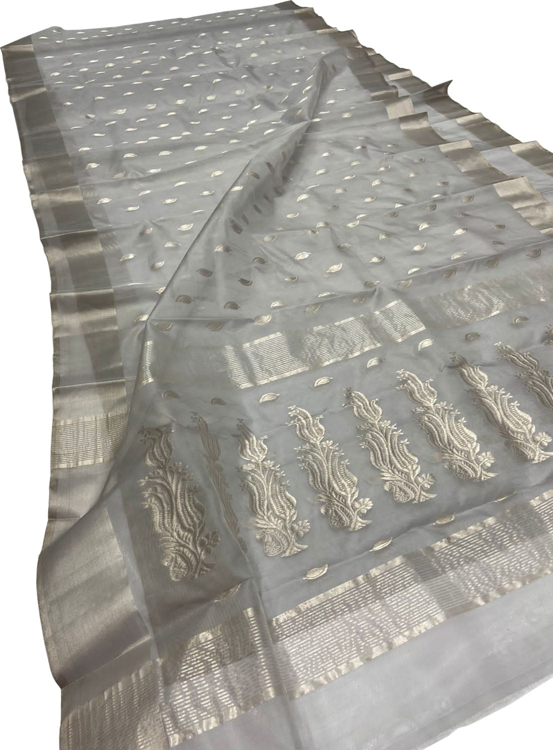 Elegant Off White Chanderi Handloom Pure Katan Silk Saree - Luxurion World