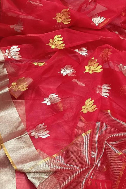 Elegant Red Chanderi Handloom Pure Katan Silk Saree - Luxurion World