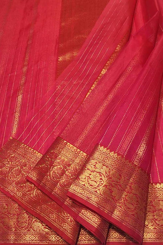 Pink Chanderi Handloom Pure Katan Silk Stripes Design Saree - Luxurion World