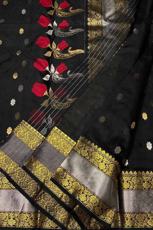 Black Chanderi Handloom Pure Katan Silk Flower Design Saree - Luxurion World
