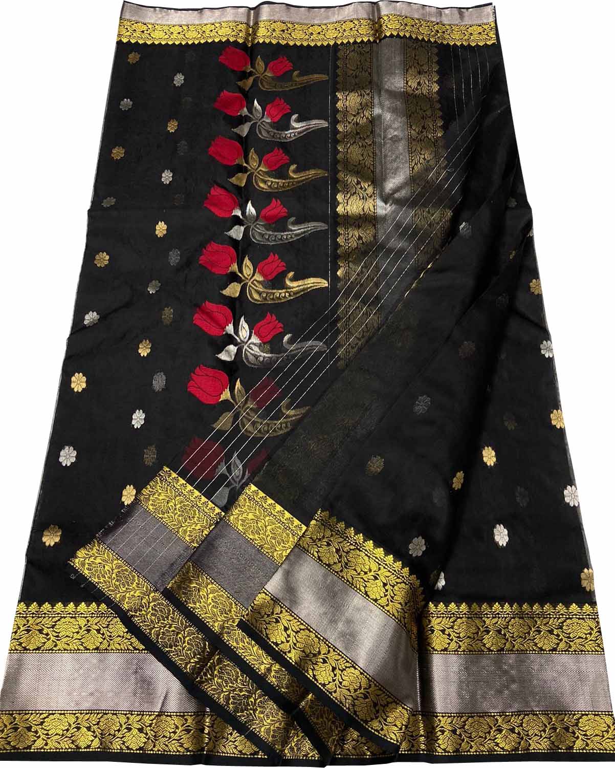 Black Chanderi Handloom Pure Katan Silk Flower Design Saree - Luxurion World