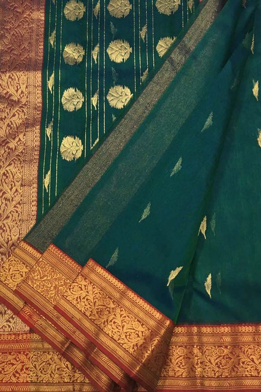 Green Chanderi Handloom Pure Katan Silk Saree - Luxurion World