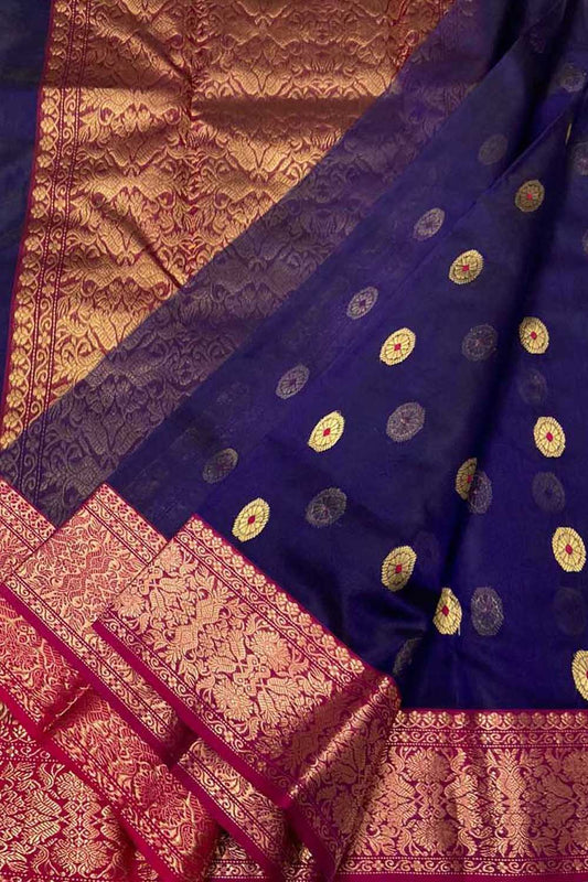 Blue Chanderi Handloom Pure Katan Silk Booti Design Saree - Luxurion World