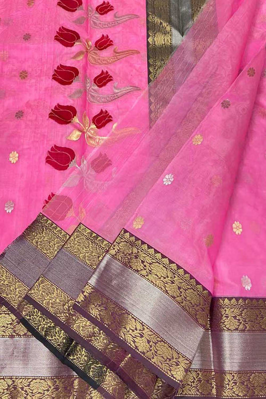 Pink Chanderi Handloom Pure Katan Silk Flower Design Saree - Luxurion World