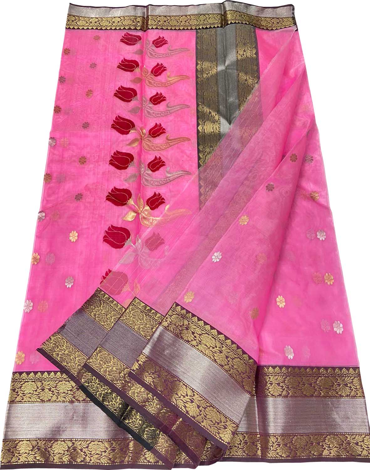 Pink Chanderi Handloom Pure Katan Silk Flower Design Saree - Luxurion World