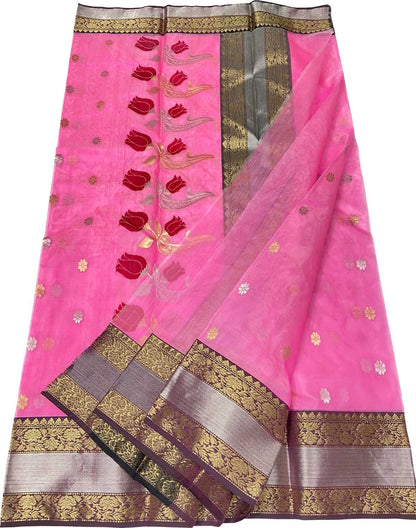 Pink Chanderi Handloom Pure Katan Silk Flower Design Saree - Luxurion World