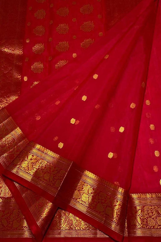 Elegant Red Chanderi Handloom Pure Katan Silk Saree - Luxurion World